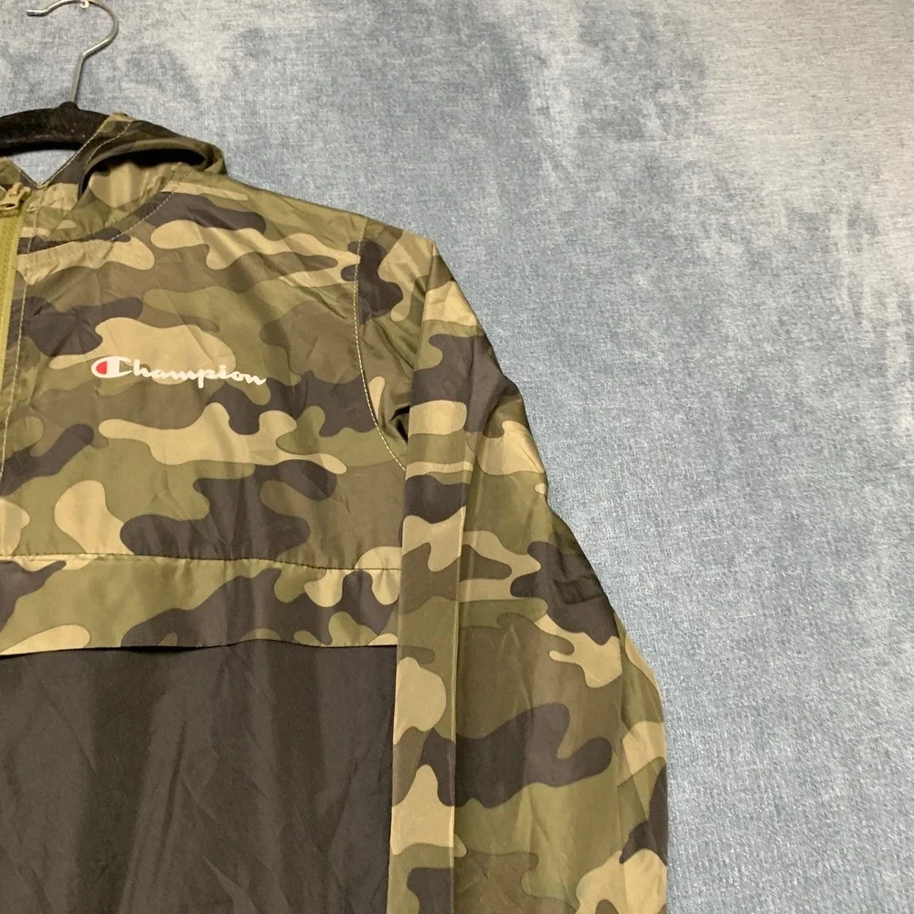 Champion Windbreaker Jacket Mens Large Black Green Camo Hooded Quarter Zip